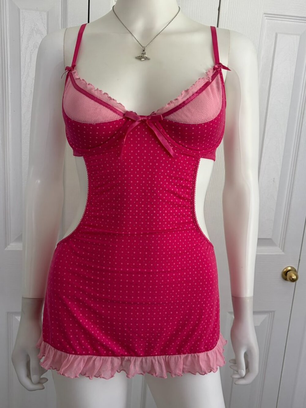 Victoria's Secret 34C pink ditsy polka dot lingerie mini dress cami